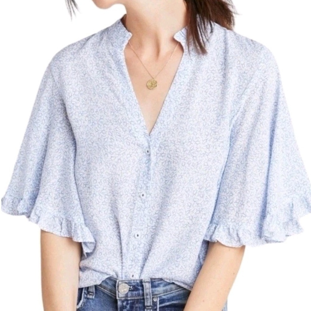 Maeve Anthropologie Aveiro Flutter Sleeved Buttondown Top Blue Motif Woman sz S